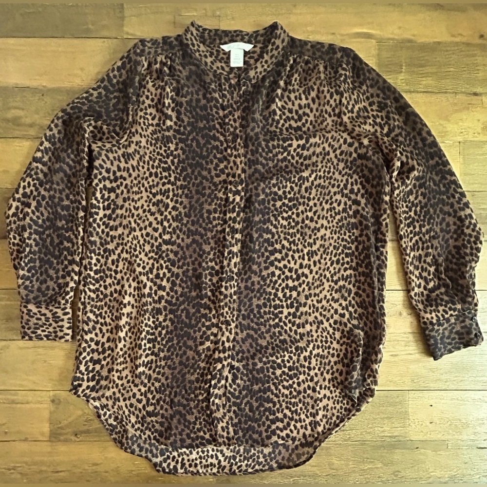 H&M Cheetah Print Sheer Tunic Style Button up Top Long Sleeves Brown and Black - Picture 4 of 12